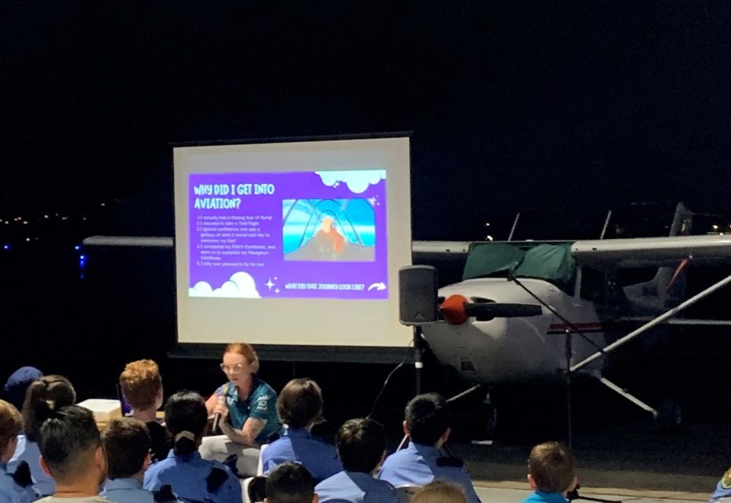 Flying Instructor Erin Douglas enthralled the cadets with tales of the many aircraft she has flown